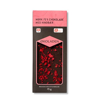 Økologisk Mørk 72% chokolade med frysetørret hindbær